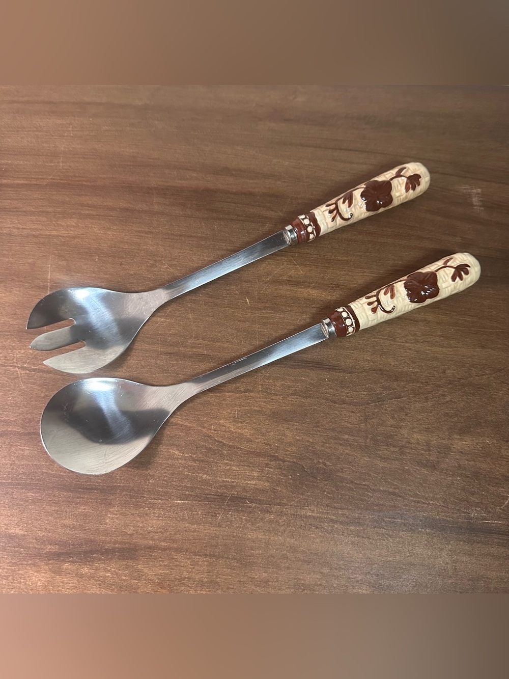 Temptations Stainless Steel Salad Servers Spoon & Fork Floral Handle